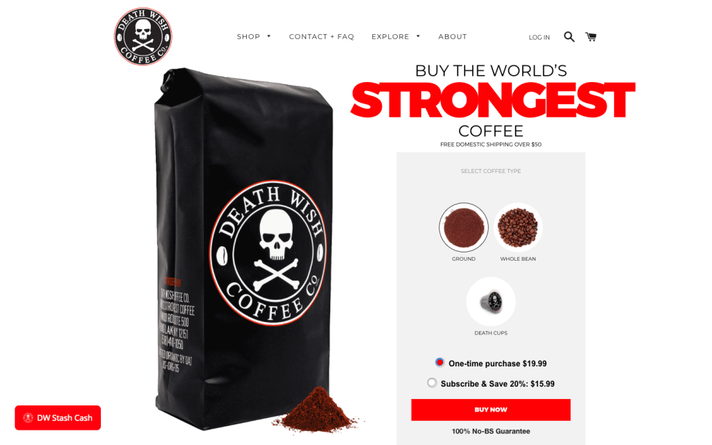 Great Example of eCommerce shop design that make money - Death Wish Coffee