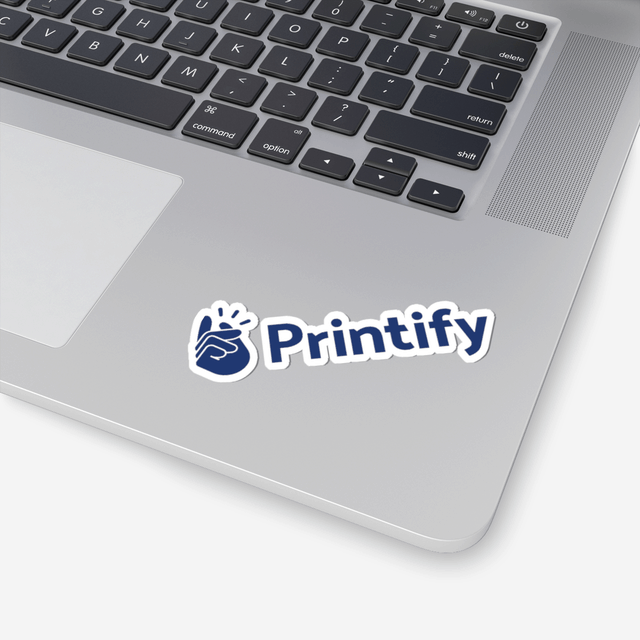 A kiss-cut sticker with a dark blue Printify logo. Each letter has a white outline.
