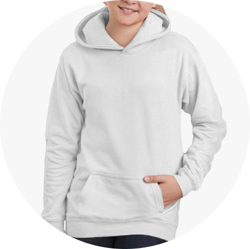 A model wearing a white long pullover hoodie with a front pocket.