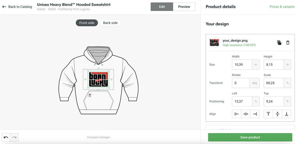 A screenshot of the Printify Mockup Generator in the Edit view, featuring a hoodie with a logo in the center.