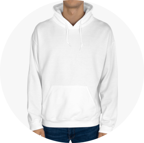 A model is wearing a white, unisex pullover hoodie with a large front pocket and drawstrings.