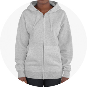 A model is wearing a gray zip-up hoodie with two pockets and drawstrings.