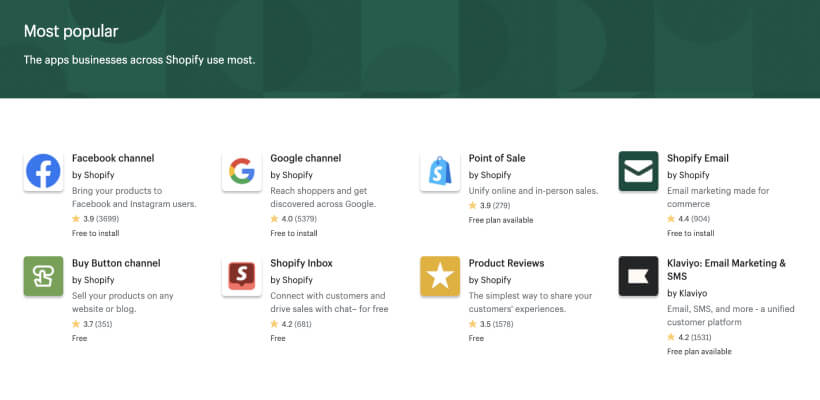 A screenshot of the Shopify Apps Most popular page.