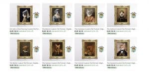 A screenshot of marketplace listings showing funny renditions of famous paintings where the main character is switched with a pet.