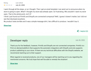 A screenshot of Shopify Developer's comprehensive response to a negative, one-star customer review.