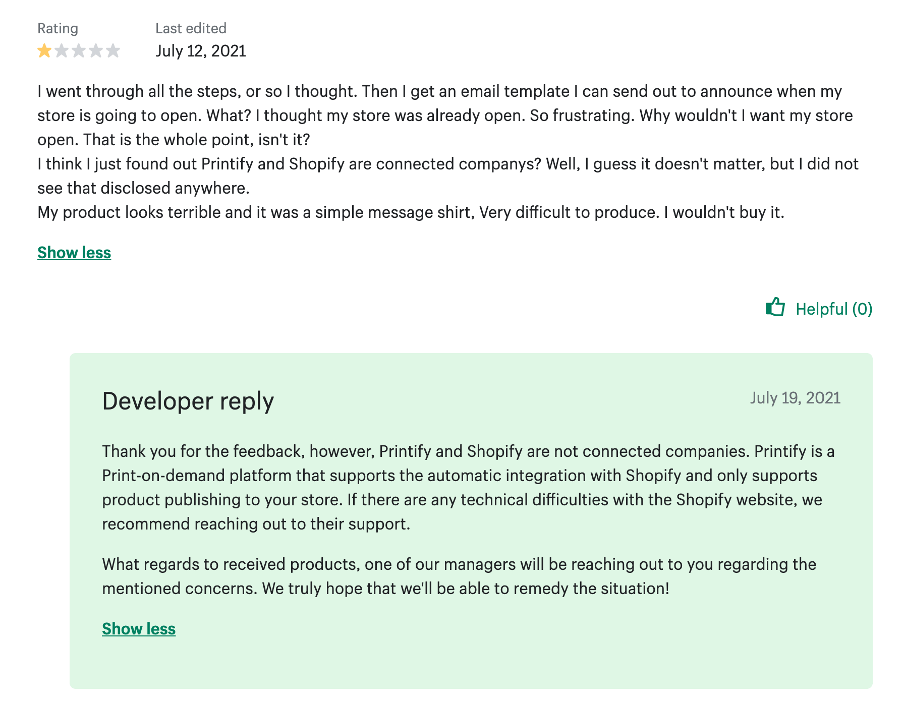A screenshot of Shopify Developer's comprehensive response to a negative, one-star customer review.