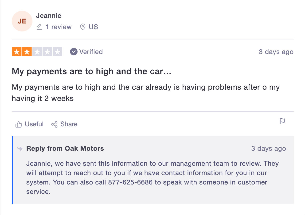 A screenshot of a negative, two-star customer review on Trustpilot.