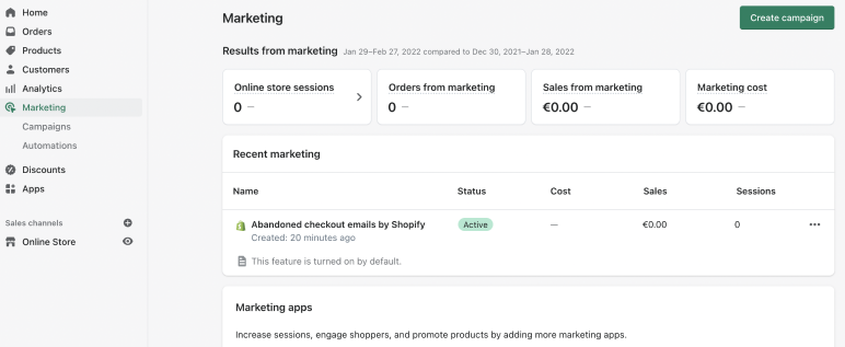 A screenshot of the Shopify Marketing dashboard with reports on online store sessions, orders from marketing, sales from marketing, and marketing costs.