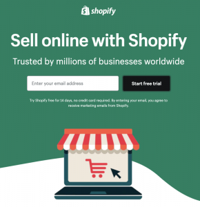 A screenshot of Shopify's free trial sign-up page. You have to enter your email to get started.
