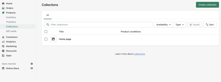 A screenshot of the Shopify Collections page. The only page in the list is a Home page.