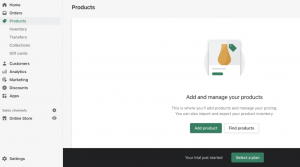 A screenshot of the Shopify Products page prompting you to add a product or find products.