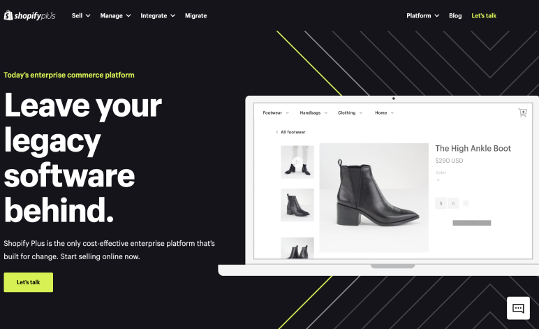 A screenshot of the Shopify Plus homepage and the main header says Leave your legacy software behind.