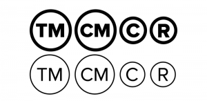 Trademark and copyright symbols. A TM and an R inside a circle represent the trademark. A CM and a C in a circle represent copyright.