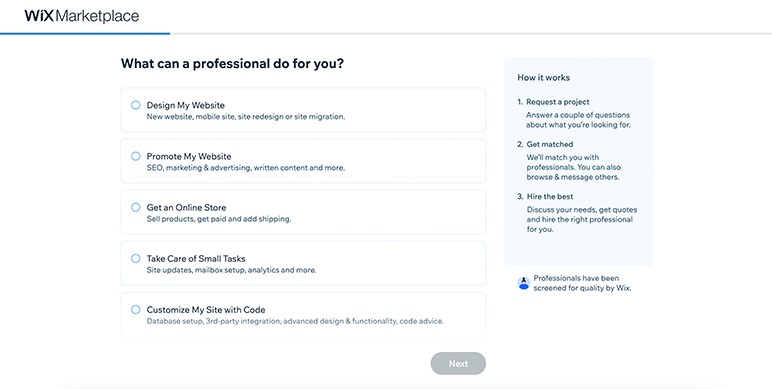 A screenshot of the Wix Marketplace page asking What can a professional do for you. Examples include website design, promotion, and customization with code.