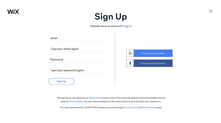 The Wix Sign Up page asks for your email and password twice. Alternatively, you can sign up with Google or Facebook accounts.