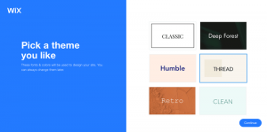 Wix prompts you to pick a theme for your website. Choose between different colors, fonts, and style combinations.