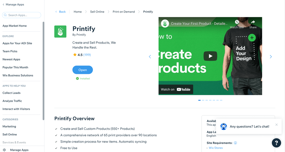 A screenshot of the Wix Printify app in their Manage Apps section.
