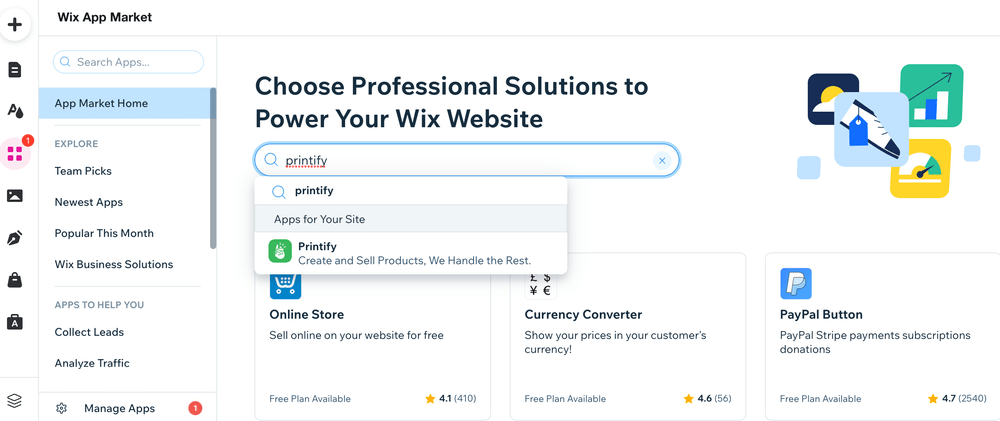 A screenshot of the Wix App Market page with the Printify app in their search results.