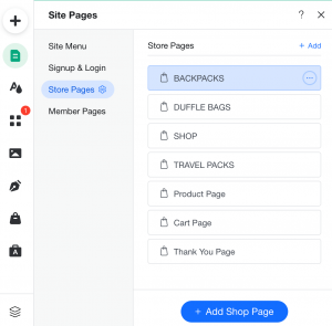 Wix editor - Menus & Pages button