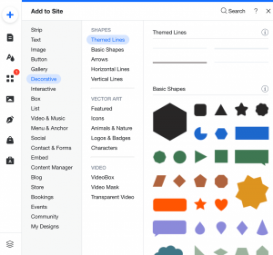 A screenshot of Decorative elements you can add to websites in the Wix Editor. Examples include Shapes, Vector Art, and Video.