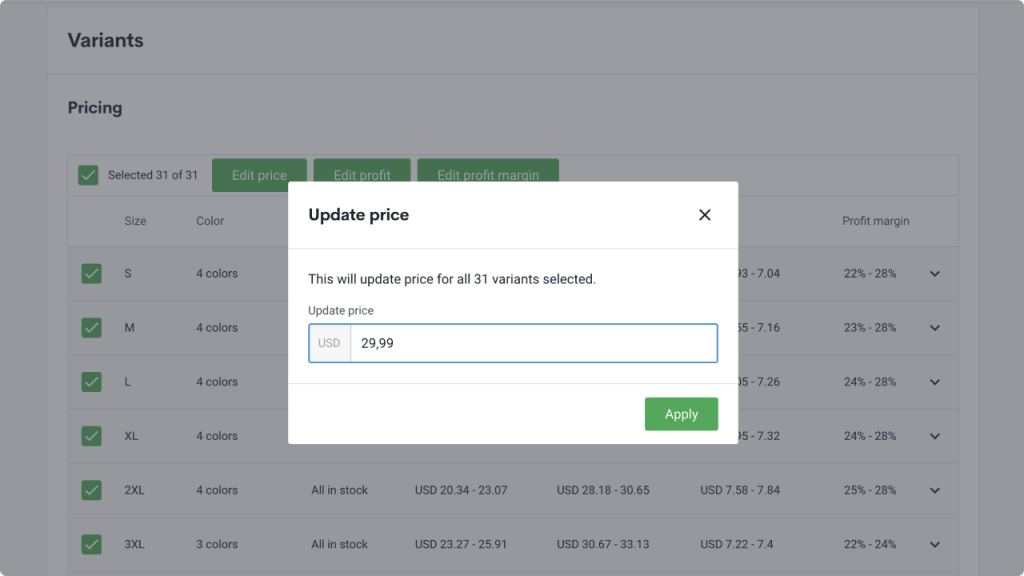 An Update price window showing how many product variants you’re editing, their new price, and a green Apply button.