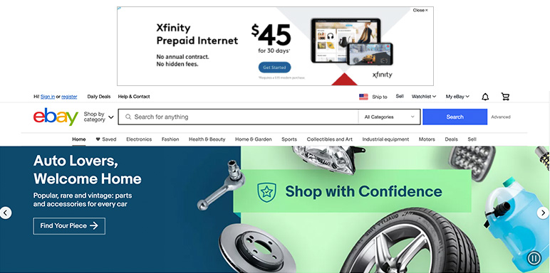 A screenshot of a large eBay ads banner for auto parts on their homepage.