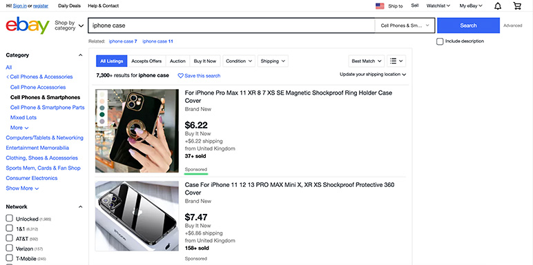 A screenshot of eBay search results for iPhone cases highlighting the Sponsored label with a green underline.