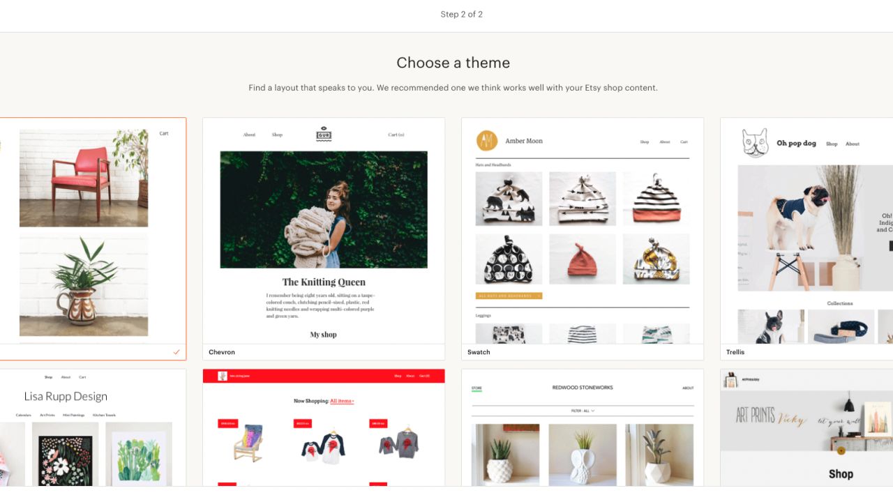 A screenshot of the Etsy Pattern themes page.