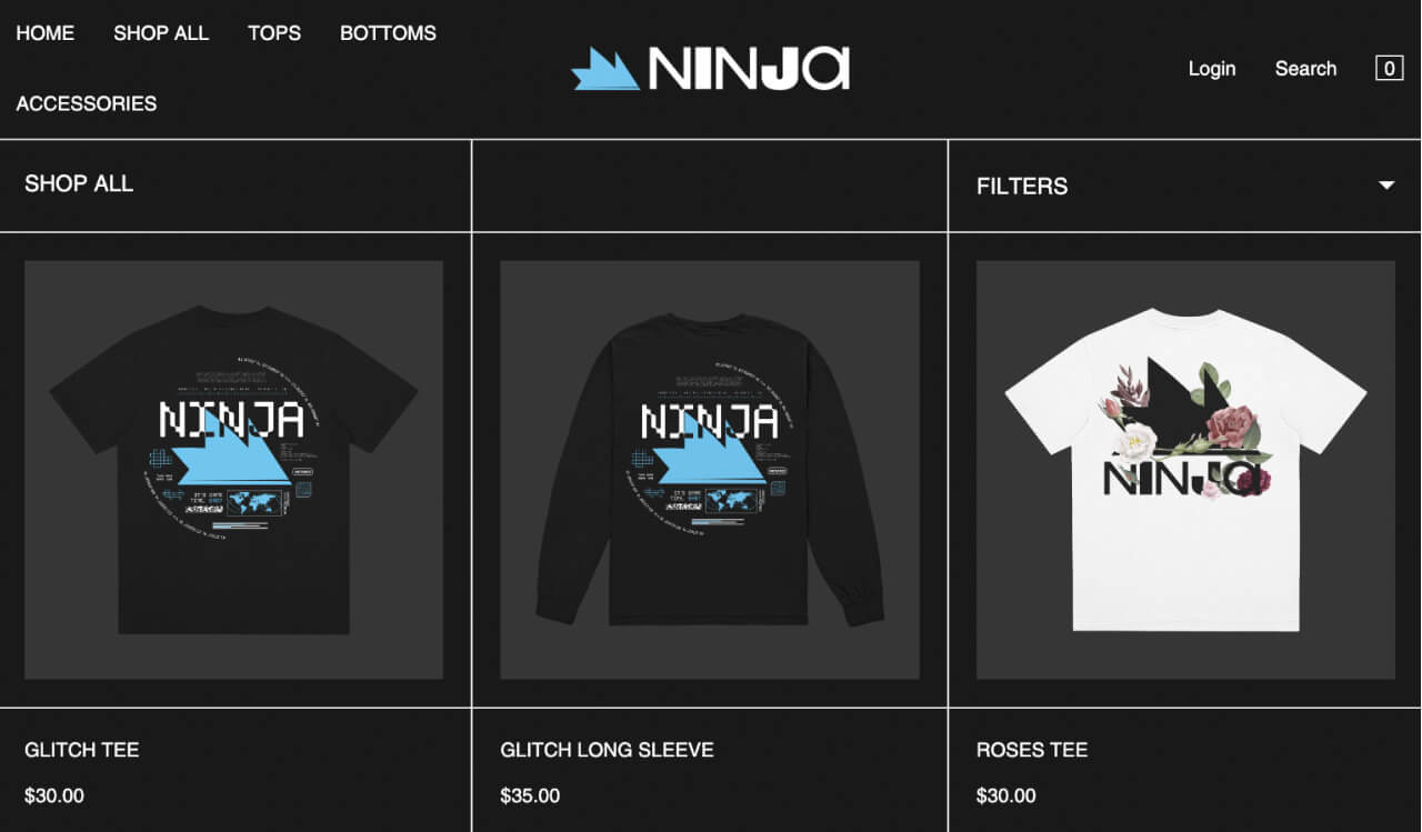 A screenshot of the Team Ninja t-shirt merch page.