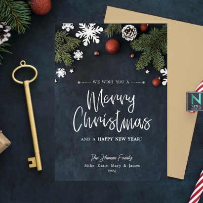 Personalized Christmas cards with Christmas decoration elements.