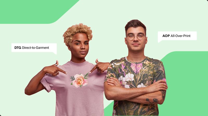 A photo where one model represents direct-to-garment printing by wearing a t-shirt with a flower print in the center. The other has an all-over-print t-shirt featuring a jungle print.