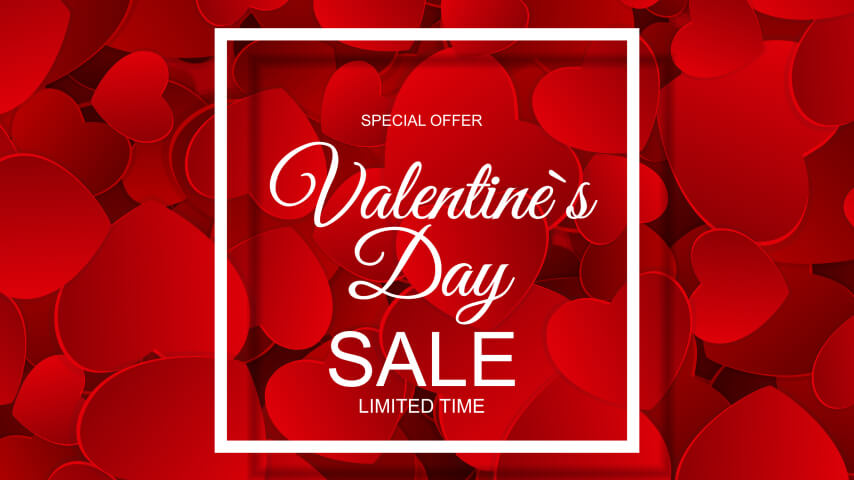 On a red, heart-filled background there is a writing in a white square frame that says "Special offer. Valentine's Day SALE. Limited time"