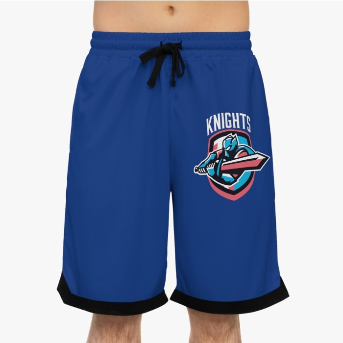 An example image of custom basketball shorts with a team logo.