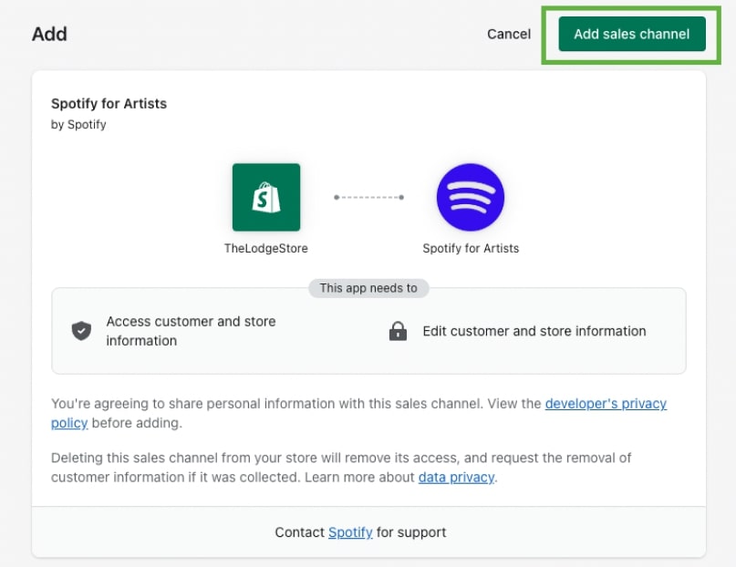 Green Add Sales Channel button in the top-right corner of a Shopify page that needs to be clicked to integrate with Spotify