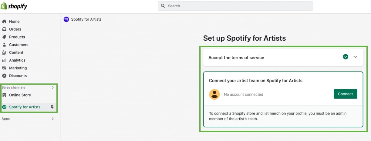 Spotify for Artists section highlighted on the left sidebar of Shopify admin and Spotify set-up sections highlighted on the right side