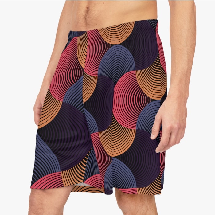 An example image of custom basketball shorts with repeating patterns.