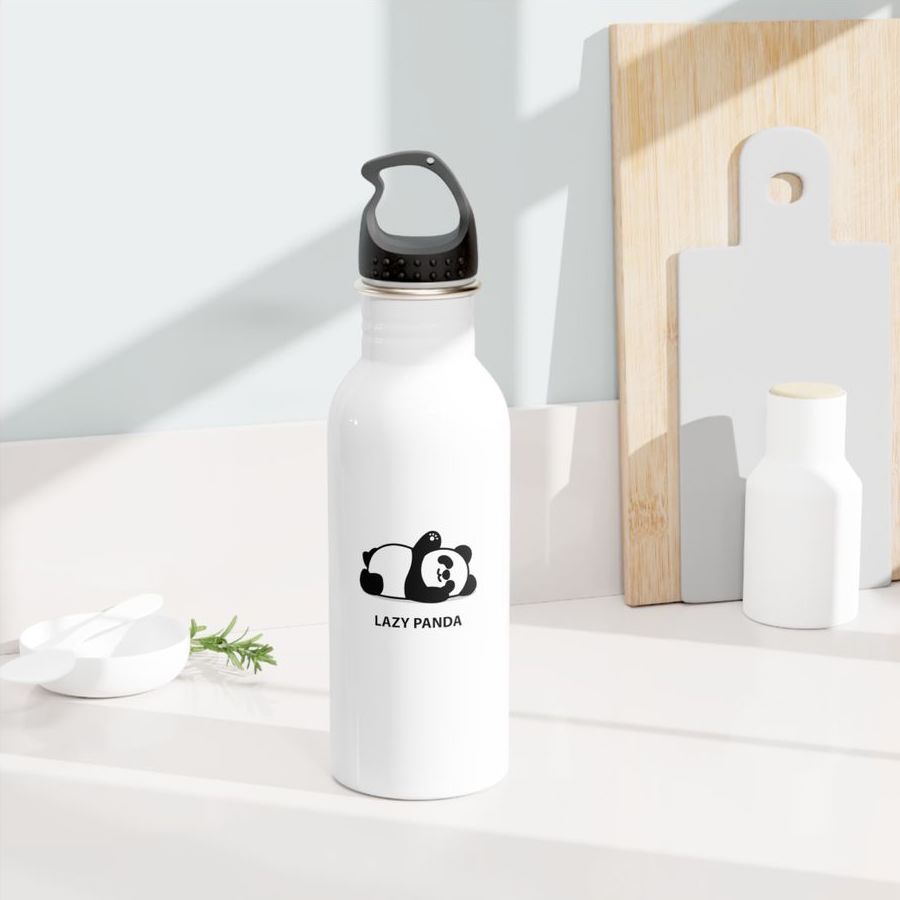 Custom water bottle with a design of a panda and the text “Lazy panda.”