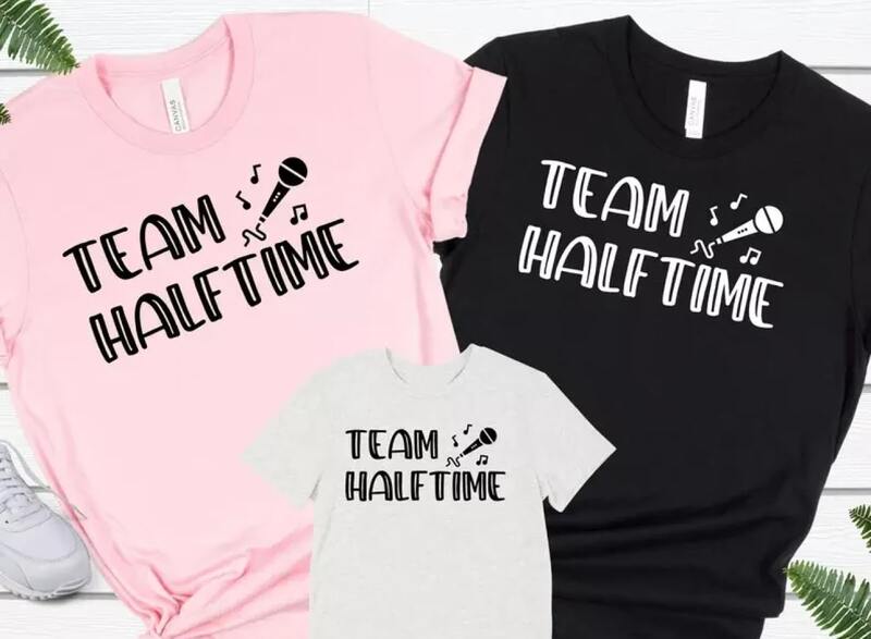 Two adult shirts and one child shirt with "Team Halftime" text printed on them.