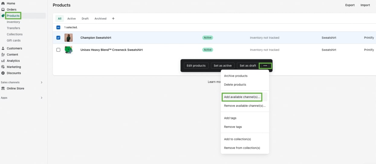 Products and Add Available Channels parts highlighted on Shopify's Admin page