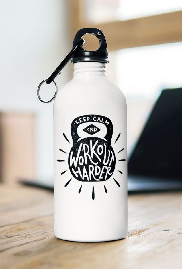 A personalised bottle with the words “Keep calm and workout harder” printed on it.
