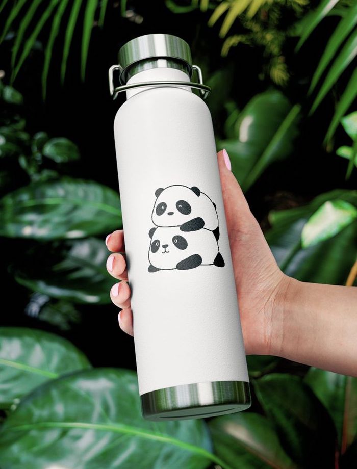 A stainless steel bottle with a design of two cartoon pandas.
