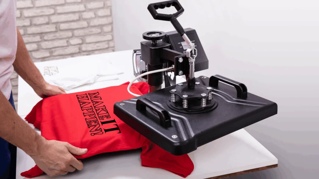 A man operates a t-shirt press, applying heat to create a custom t-shirt design.