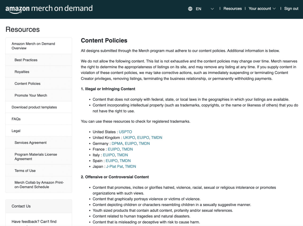 A screenshot of the Amazon Merch on Demand content policies page
