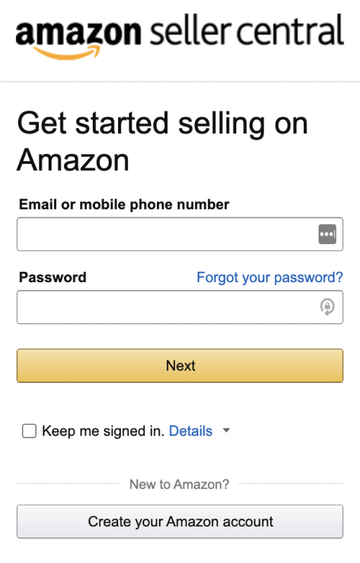 A screenshot of the Amazon Seller Central login window
