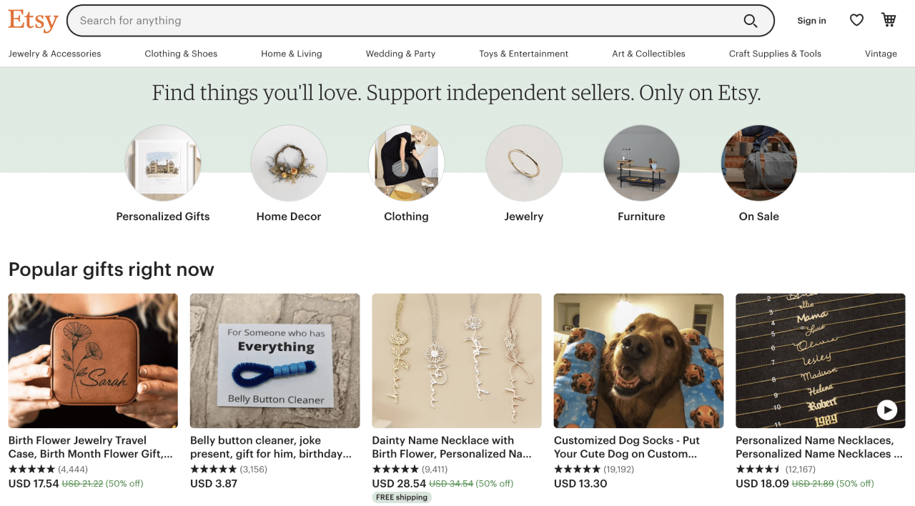 A screenshot of the Etsy homepage
