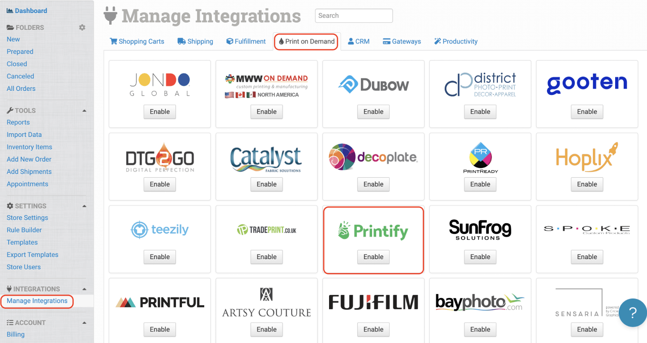 A screenshot of the Order Desk integrations page, with Printify highlighted