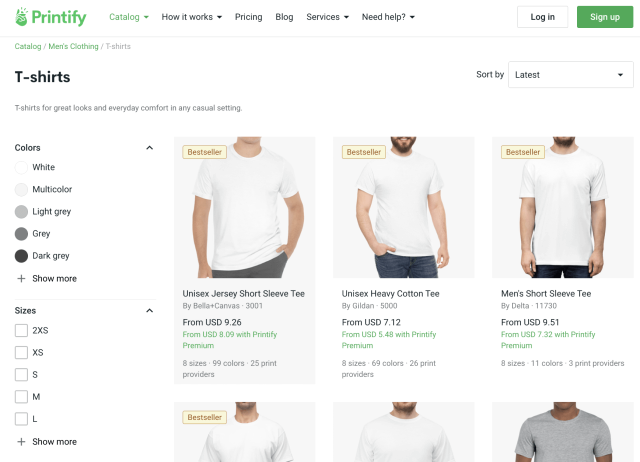 A screenshot of the Printify catalog page with t-shirts