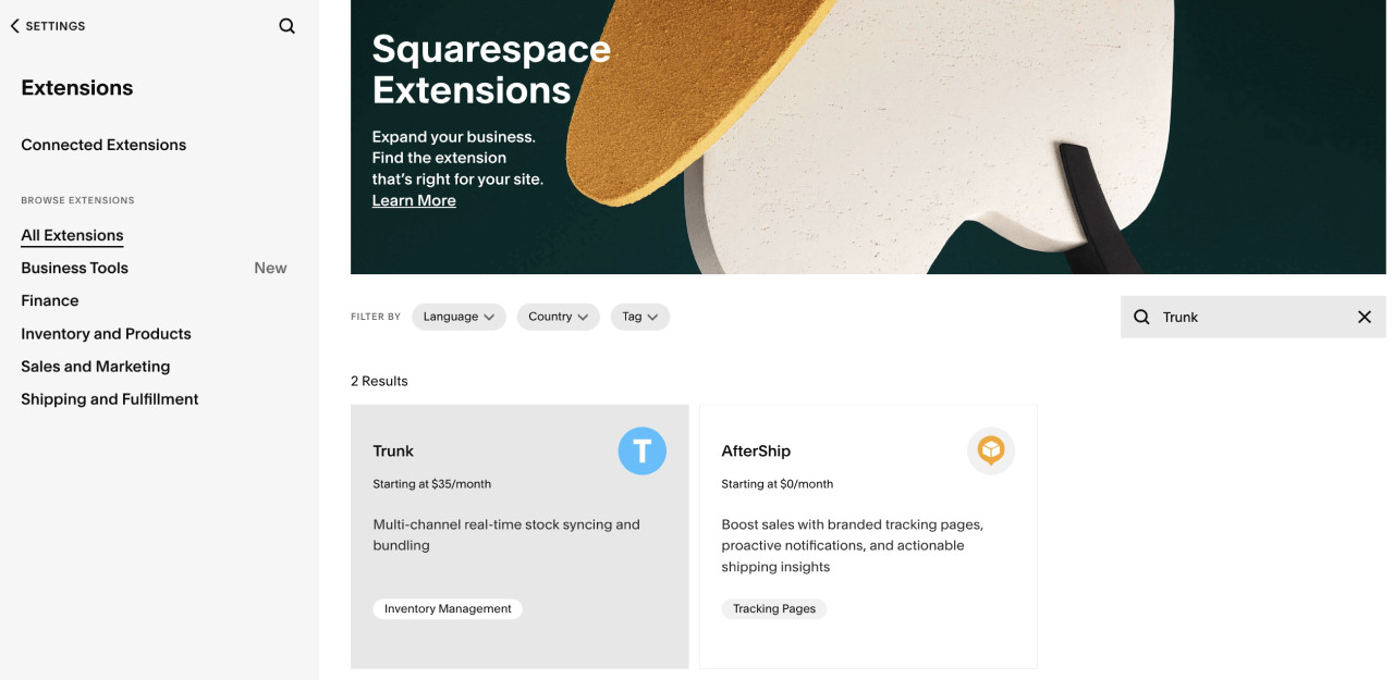 A screenshot of the Trunk extension within Squarespace
