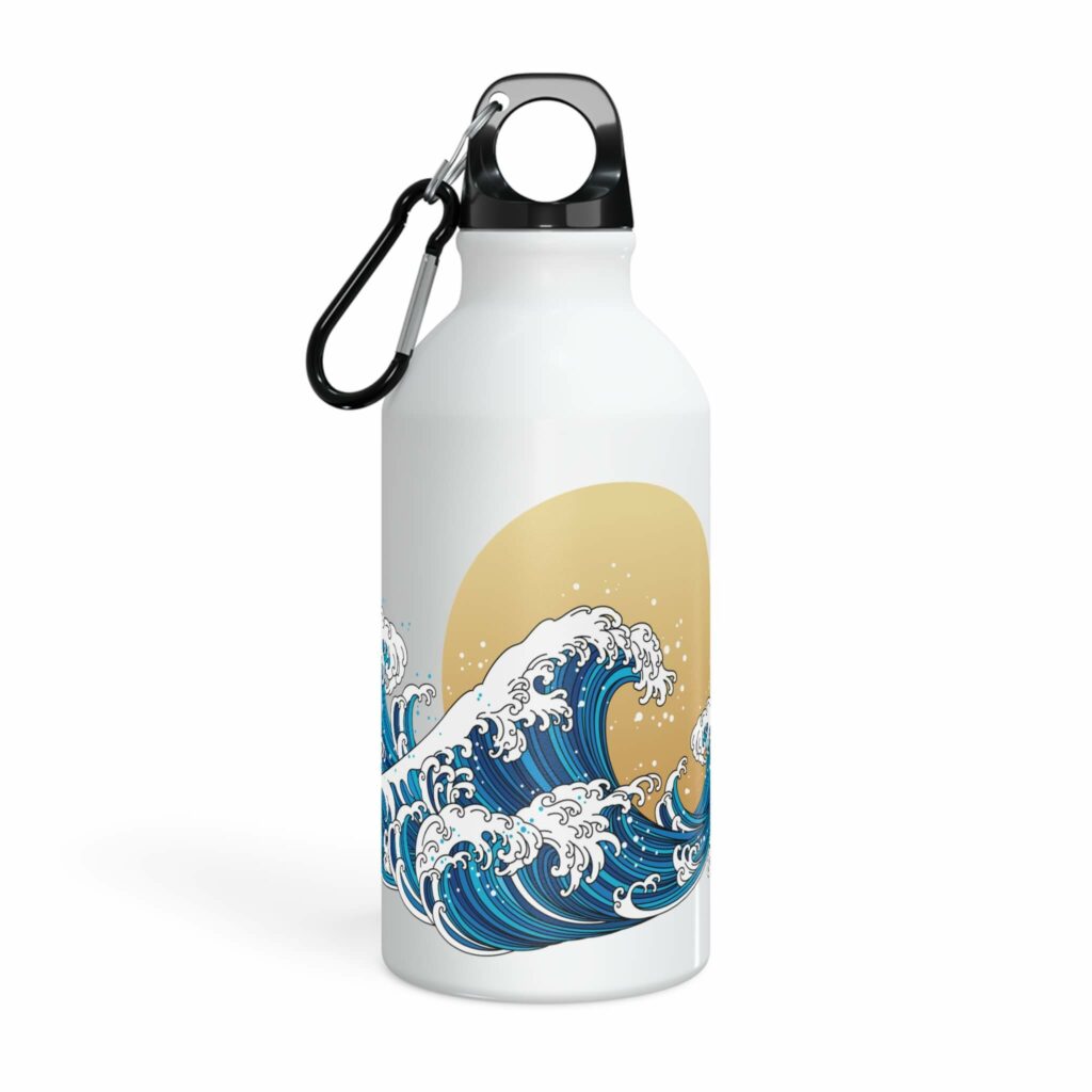 White aluminium water bottle with a custom design of blue ocean waves and a large yellow sun.