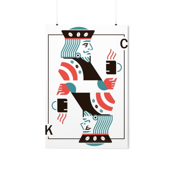 A hanging poster with a design of a “King” face playing card.